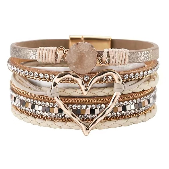 Jewelry - Beige Leather Multi Layer Heart Crystal Druzy Magnetic Bracelet
